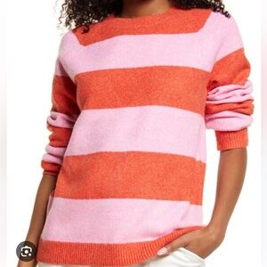 BP. (From Nordstrom) Oversized Crew Sweater Orange Pink Rugby Stripe Medium